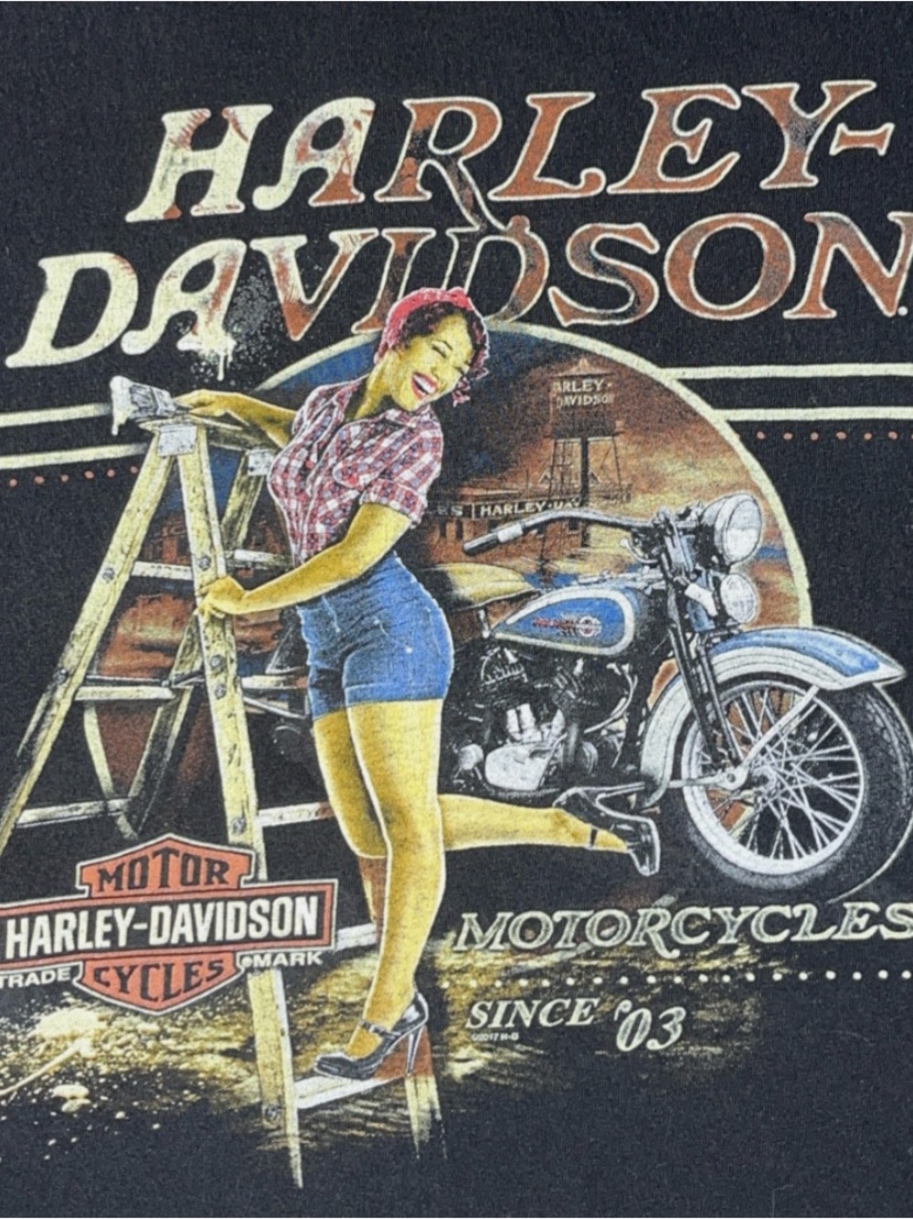Harley-Davidson Black Tee with Pinup & Blue Motorcycle Graphic